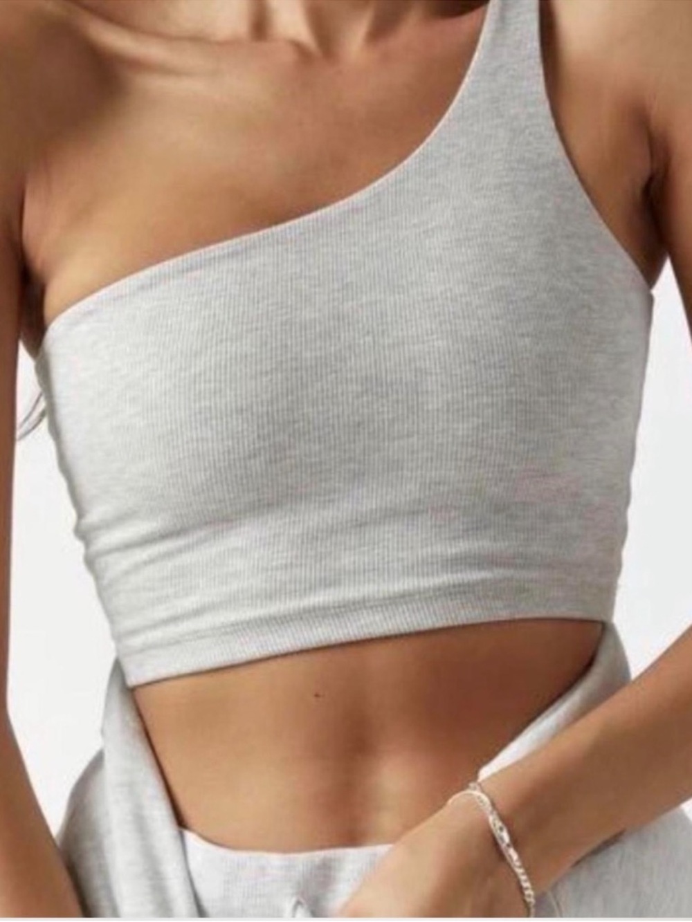 ♡ Joah Brown One Shoulder Crop Top Pearl Grey